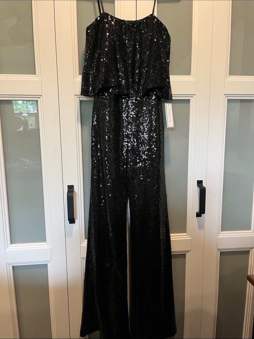 Black Sequin Wide-Leg Jumpsuit with Layered Bodice